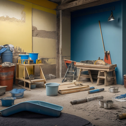 A cluttered construction site with various plastering machines and tools scattered around, a mixing bucket and trowels in the foreground, and a partially plastered wall in the background with a blueprint on an easel.