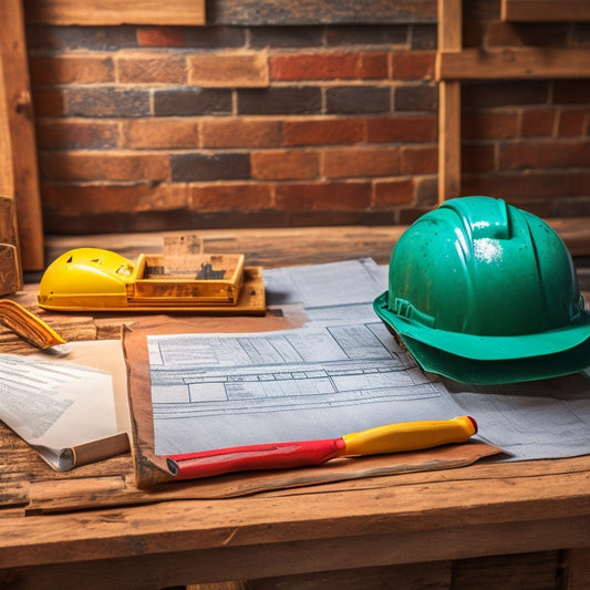 A checklist on a clipboard lies on a half-finished home renovation site, surrounded by scattered tools, blueprints, and a hard hat, amidst a backdrop of exposed brick and wooden beams.