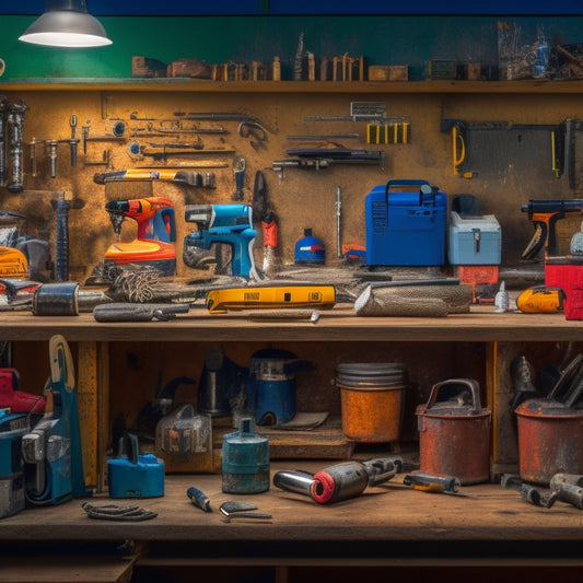 A cluttered workbench with a variety of pneumatic tools, including a drill, impact wrench, and air compressor, surrounded by scattered screws, wires, and renovation materials like drywall and lumber.