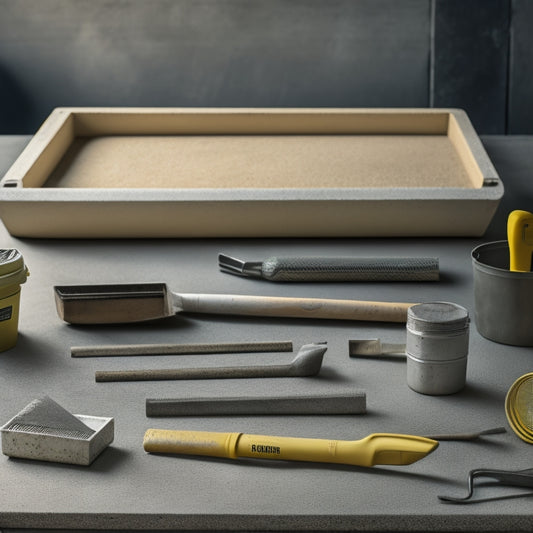 An organized toolbox filled with various concrete tools, including a trowel, level, edger, and mixer, arranged on a clean, gray concrete surface with a subtle gradient of light to dark.