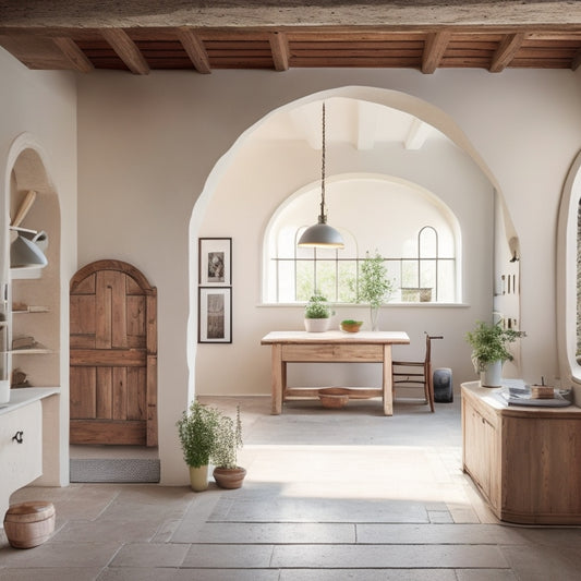 "Serene interior with freshly applied white plaster, featuring a mix of rounded archways, rustic wooden beams, and modern recessed lighting, with a few scattered renovation tools and a ladder in the background."
