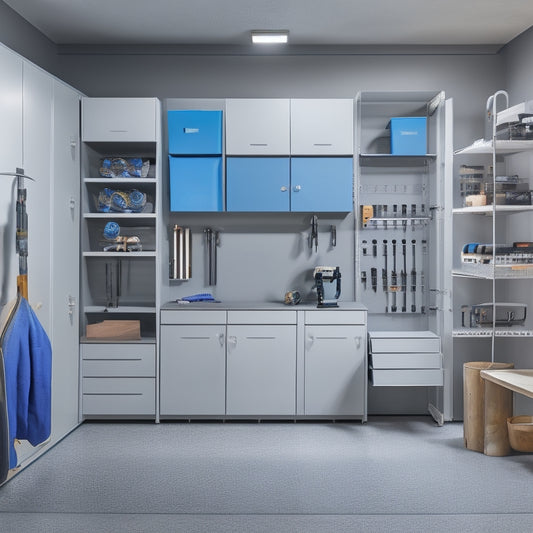 A tidy workshop with a gray storage cabinet against a white wall, its doors open to reveal neatly arranged power tools and accessories on adjustable shelves and hooks, amidst a backdrop of freshly painted walls and polished concrete floors.