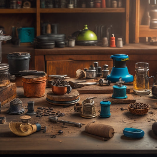 A cluttered workbench with various tamping tools scattered across it, featuring a mix of handheld tampers, long-handled tampers, and tamper sets from different brands, surrounded by scattered coffee cups and renovation plans.