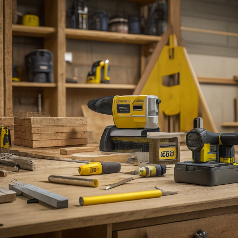 An organized workbench with a laser level, a digital angle finder, and a stud finder, surrounded by scattered woodworking tools and building materials, against a blurred background of a renovation site.