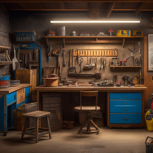 A cluttered garage with old workbenches, scattered tools, and dim lighting, transformed into a renovated space with organized tool chests, a modern workbench, and a pegboard with various power tools.