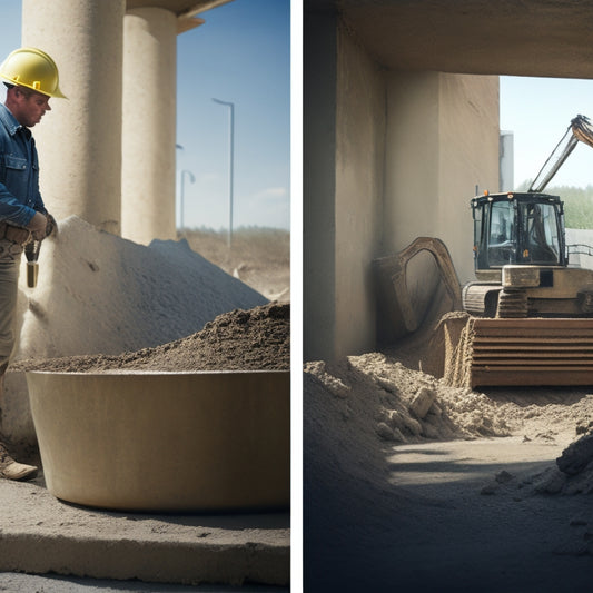 A split-screen image: a crumbling, cracked concrete foundation on the left, and a sturdy, smooth foundation with a mixer and construction hats in the background on the right.