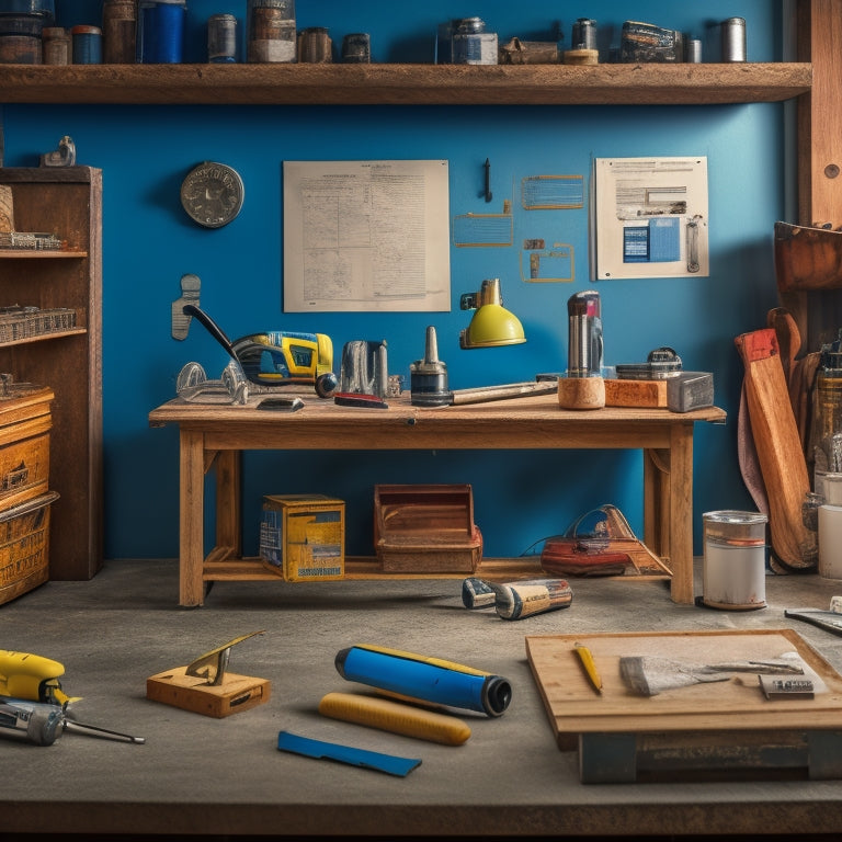 A neatly organized workbench with various toolkits, including a cordless drill, level, and tape measure, surrounded by renovation materials like paint swatches, flooring samples, and a blueprint.
