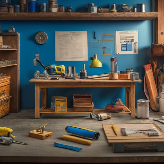 A neatly organized workbench with various toolkits, including a cordless drill, level, and tape measure, surrounded by renovation materials like paint swatches, flooring samples, and a blueprint.
