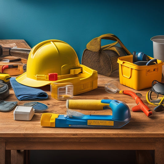 A cluttered home renovation workspace with a variety of safety tools scattered throughout, including a yellow hard hat, goggles, earplugs, respirator mask, and a first aid kit, amidst power tools and construction materials.
