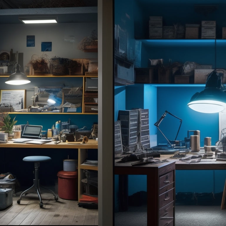 A split-screen image featuring a cluttered, dimly lit room on one side and a sleek, modernized space on the other, with various measuring tools, blueprints, and calculators scattered between the two areas.