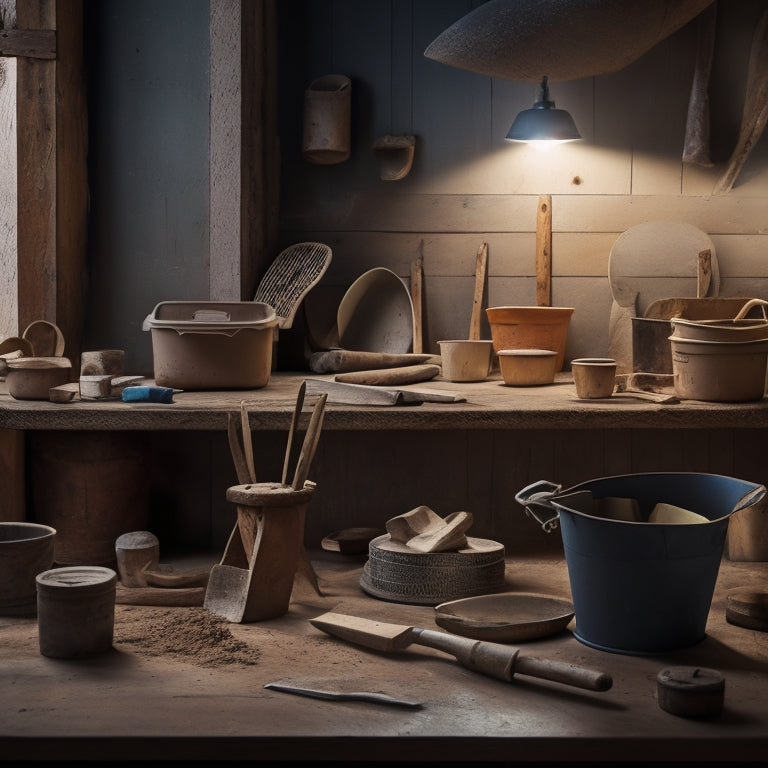 A well-lit, organized workshop background with various plastering trowels of different shapes and sizes, arranged neatly on a wooden workbench, with a few scattered plastering tools and a bucket of mixed plaster in the corner.