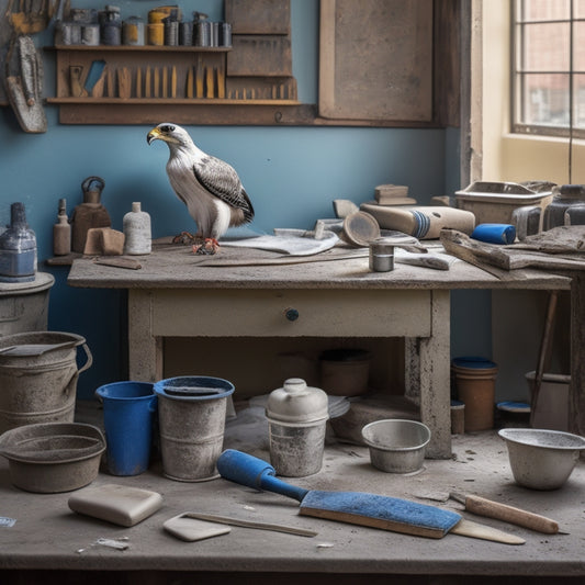 A cluttered workbench with various plastering tools, including a hawk, trowel, joint knife, and putty knife, surrounded by chunks of plaster, buckets, and a mixing stick, with a faintly visible renovation project in the background.
