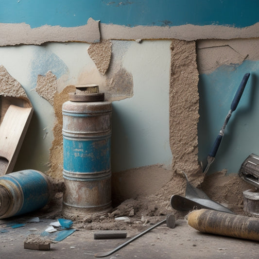 An image of a cracked and worn-out wall with peeling paint, exposed insulation, and a few scattered tools and materials in the foreground, with a single sealed gap in the wall standing out amidst the disrepair.