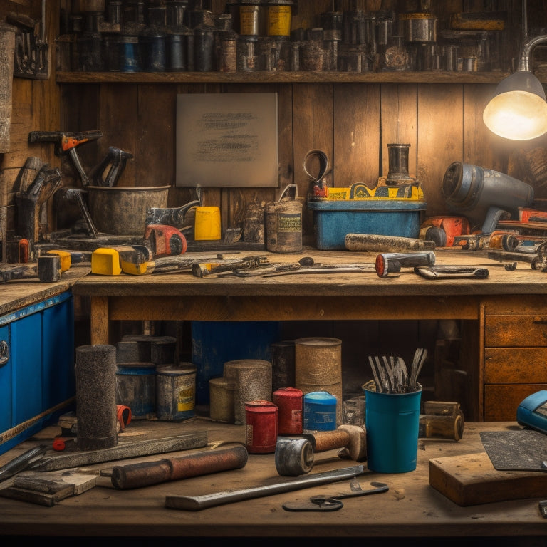 A cluttered workshop table with a mix of open toolboxes, scattered power tools, and DIY renovation materials like hammers, tape measures, wrenches, and paint cans, with a subtle background of a half-finished renovation project.