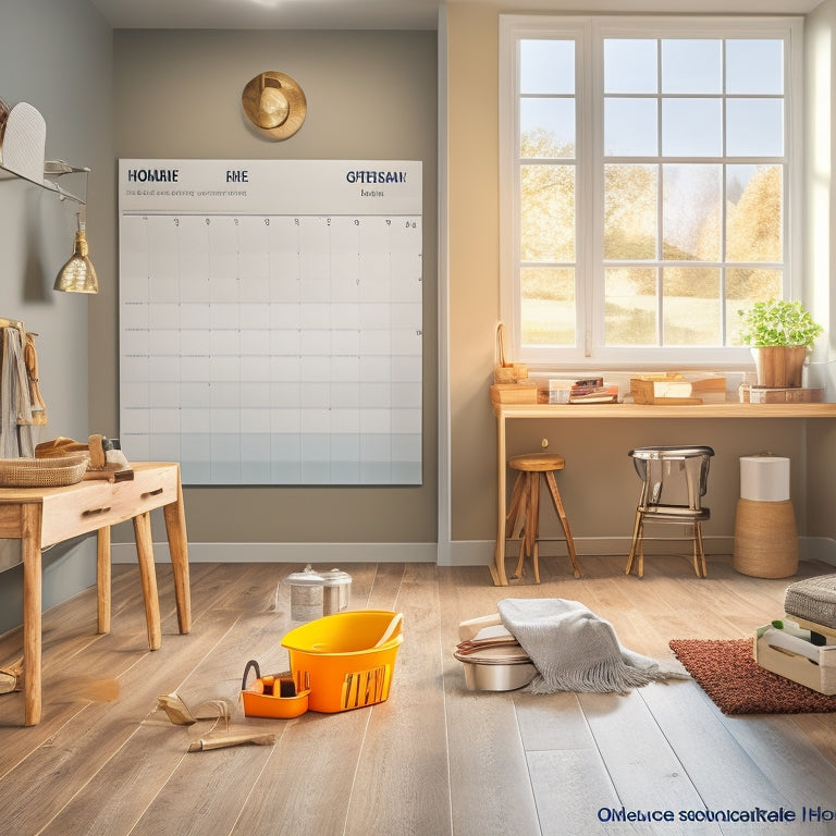 A clean and organized home interior with a newly renovated floor, surrounded by renovation tools and a calendar on the wall with marked dates and checkboxes, in a warm and inviting color scheme.