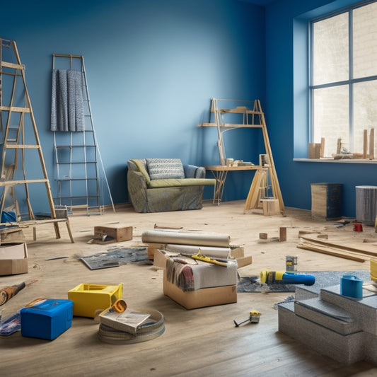 Image of a construction zone in a living room: ladders, hammers, blueprints, scattered flooring, a couch wrapped in plastic, with paint swatches, measuring tapes, and power tools strewn about.