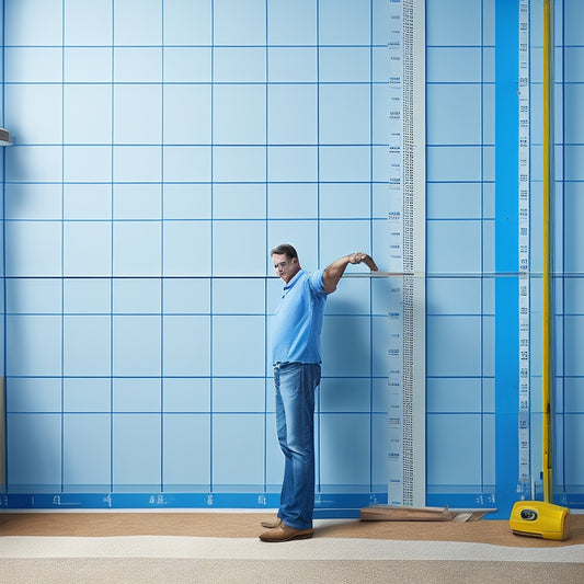 An illustration of a person holding a tape measure standing in front of a wall with a grid of perfectly proportioned squares, surrounded by renovation tools and architectural blueprints.