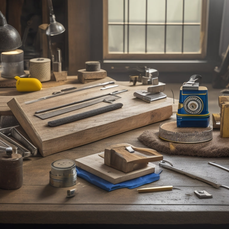 A cluttered workshop table with various block measuring tools scattered around, including a tape measure, level, and caliper, with a wooden block and a renovation blueprint in the background.