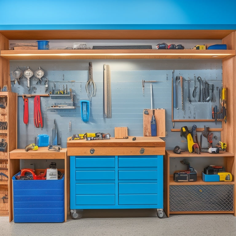 A clutter-free workshop with organized tool stations, a pegboard with hooks holding wrenches and pliers, a rolling cabinet with labeled drawers, and a wall-mounted foldable workbench in the background.