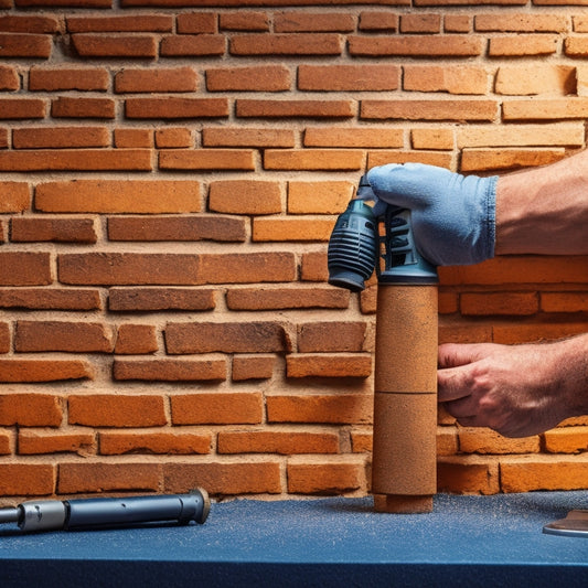 A close-up of a mason's hands holding a drill with various drilling accessories, such as bits, chisels, and sanding drums, against a backdrop of a partially renovated brick wall with precise mortar lines.