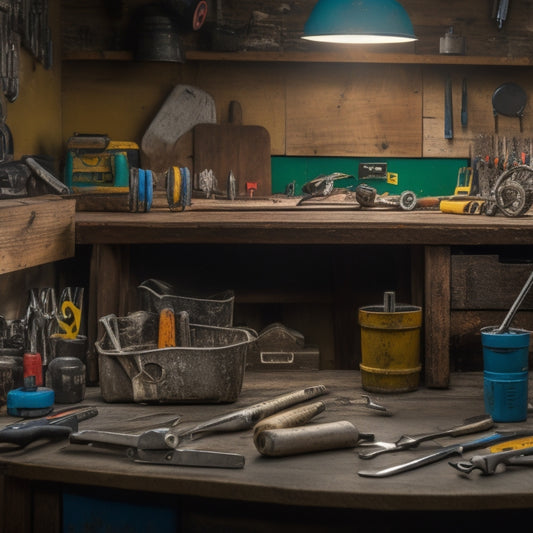 A cluttered but organized workbench with a variety of hand tools, including a tape measure, level, pliers, wrench, hammer, and screwdrivers, laid out against a wooden background with a subtle blurred renovation site.