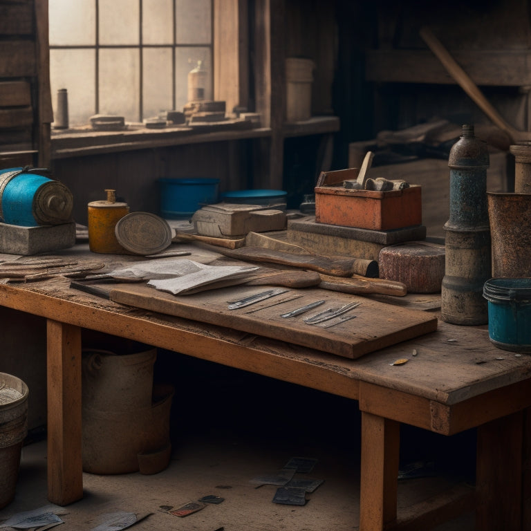 A worn, wooden workbench cluttered with worn, rusty masonry tools, scattered blueprints, and a few scattered coins, surrounded by a faint, dusty halo of renovation chaos.