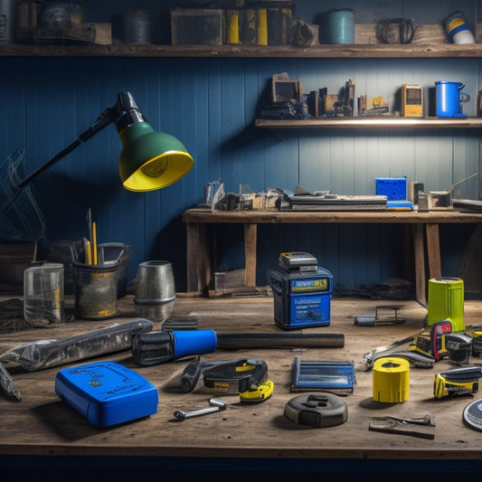 A cluttered DIY workspace with a variety of inspection tools scattered around, including a stud finder, level, tape measure, and flashlight, on a wooden table with a partially renovated wall in the background.