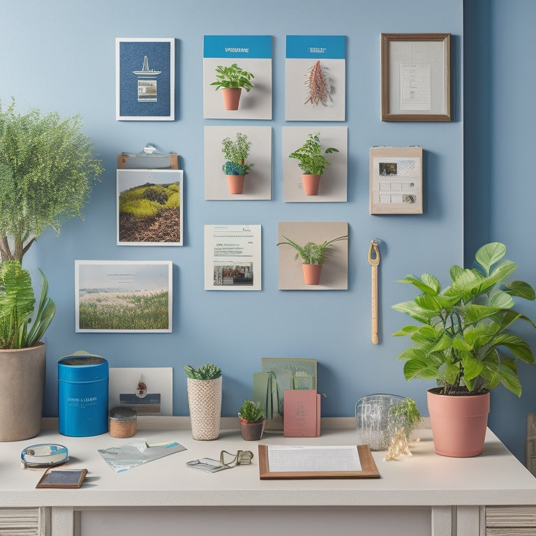 A clutter-free, organized room with a renovation timeline on a corkboard, surrounded by labeled folders, a level, a tape measure, and a small potted plant, set against a calming blue background.