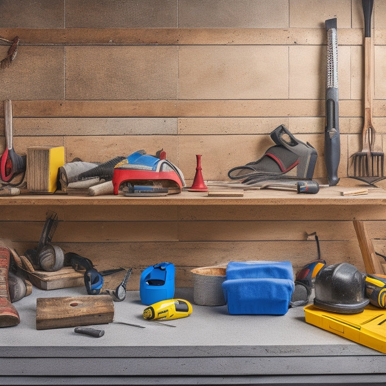 A cluttered but organized DIY workspace with a refurbished block wall in the background, featuring a mix of power tools, safety gear, and construction materials scattered across a wooden workbench and concrete floor.