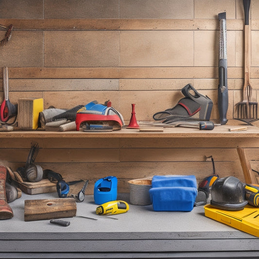 A cluttered but organized DIY workspace with a refurbished block wall in the background, featuring a mix of power tools, safety gear, and construction materials scattered across a wooden workbench and concrete floor.