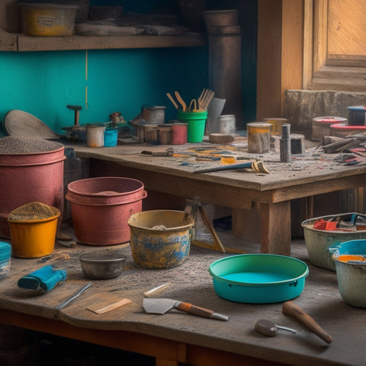 A cluttered, yet organized, workbench with various Venetian plaster tools, including a putty knife, trowel, and hawk, surrounded by small buckets of colorful plaster and scattered dust particles.
