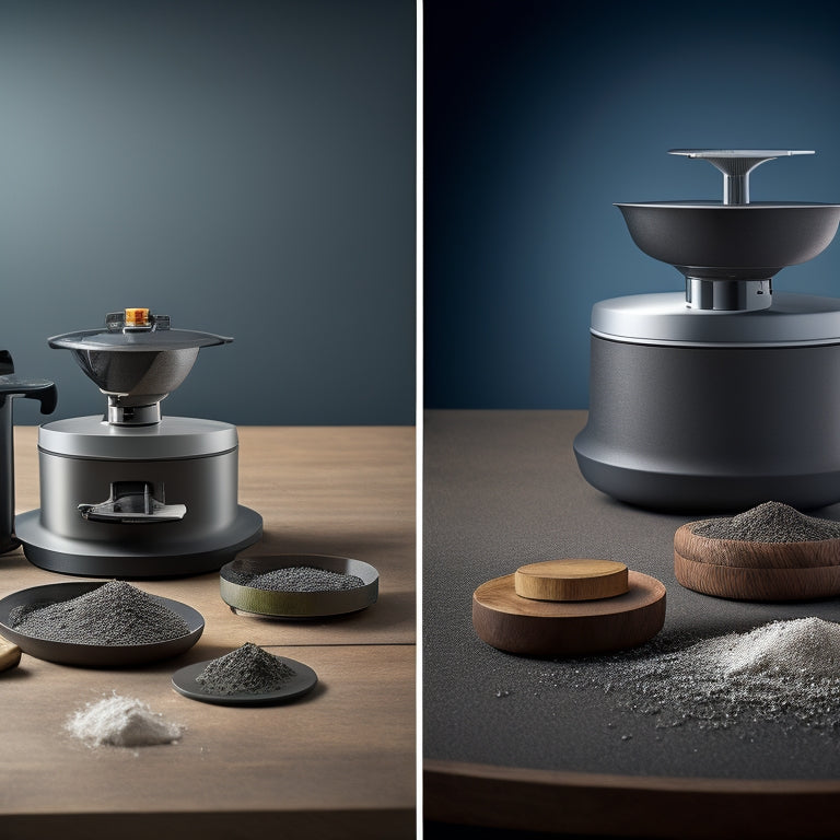A split-screen image featuring three high-quality grinders with varying handle styles and disc sizes on a clean, gray background, surrounded by subtle renovation tools and materials.
