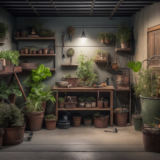 A cluttered, dimly lit garage or storage room with various planter tools scattered around, including a trowel, pruners, and cultivator, surrounded by potted plants and renovation materials like bricks and wooden planks.