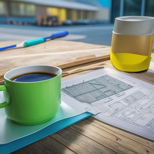 A clipboard with a blueprint of a house, surrounded by construction tools, a hard hat, and a cup of coffee, set against a blurred background of a renovation site.