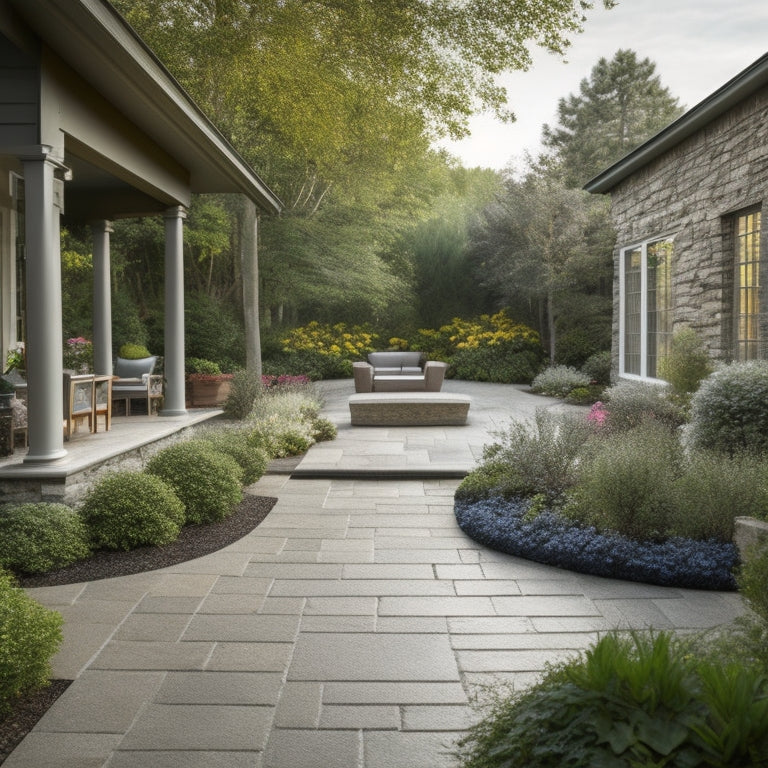 A serene outdoor space with a mix of large and small, light-gray bluestone pavers, surrounded by lush greenery and a few large stones, leading up to a modern house with large windows.