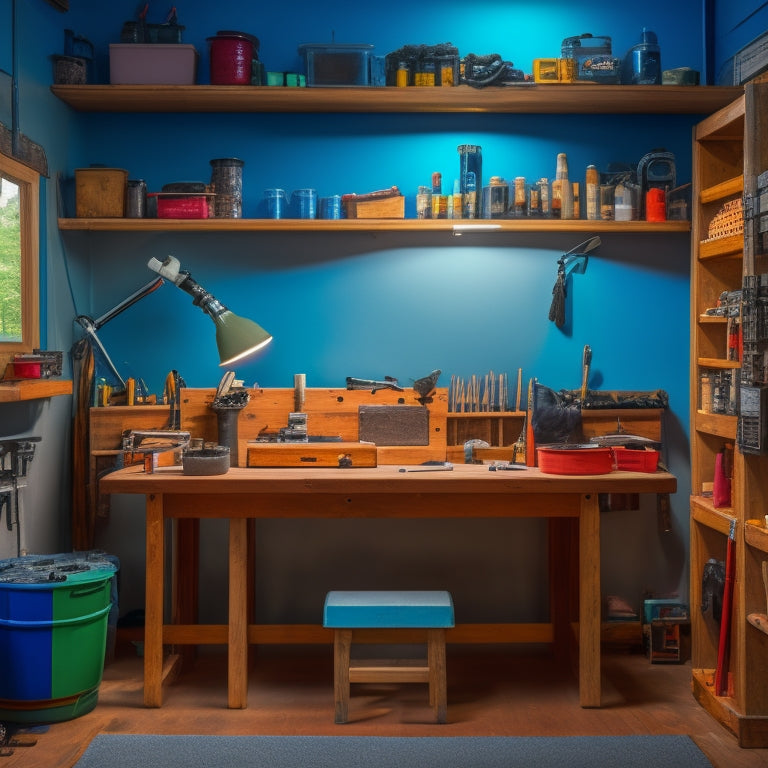 A tidy, well-lit workshop with a wooden workbench, surrounded by essential sealing tools: a caulk gun, silicone sealant tubes, putty knife, scraper, and a level, arranged in an organized, visually appealing manner.
