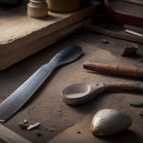 A close-up of a worn, rusty stucco trowel with cracks and dents, lying next to a newer, clean trowel with a bright, shiny surface, on a cluttered workshop table with scattered tools and debris.