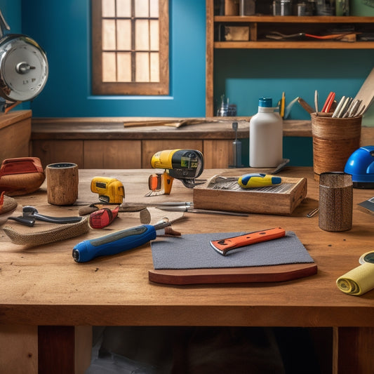 A clutter-free renovation workspace with a variety of essential tools organized on a wooden table, including a level, tape measure, hammer, and cordless drill, surrounded by partially renovated walls and floor.