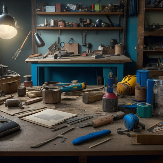 A cluttered workshop table with various tools and materials scattered around, including a hammer, tape measure, level, drill, saw, toolbox, and a rolled-up blueprint in the background.