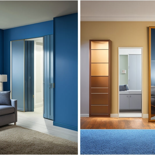 A split-screen image featuring a renovated room with four distinct sections, each showcasing a different finishing coat option: matte, satin, semi-gloss, and high-gloss, with varying sheens and reflections.