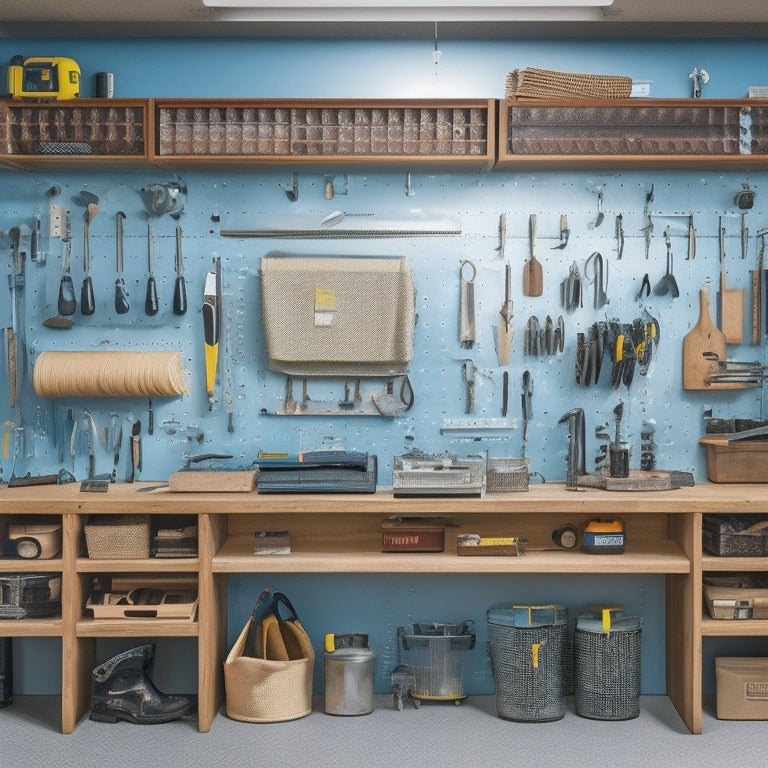 A clutter-free workshop with a pegboard adorned with hanging tools, a rolling cabinet with labeled drawers, and a wall-mounted foldable workbench surrounded by neatly organized power tools and accessories.