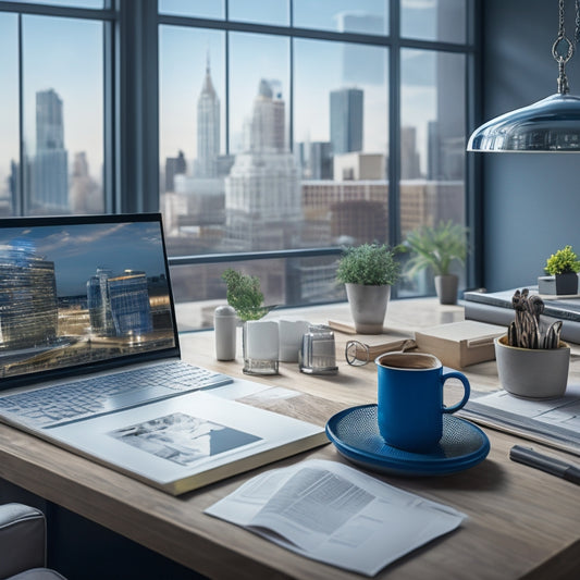 An illustration of a modern living room with a laptop open on a coffee table, surrounded by architectural blueprints, construction hats, and 3D model buildings, with a cityscape visible through the window.