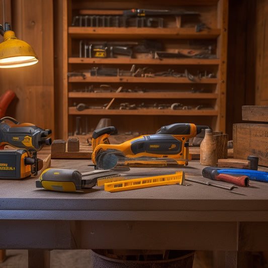 A well-lit, organized workshop with a circular saw, impact driver, and laser level prominently displayed on a wooden workbench, surrounded by renovation tools and materials in the background.