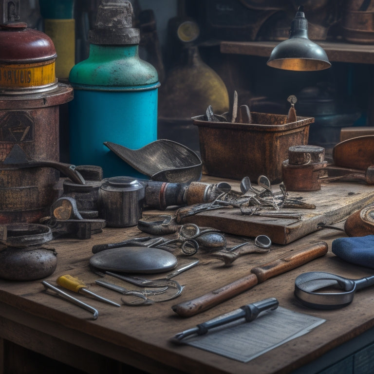 A cluttered workbench with a variety of second-hand tools scattered about, some with rust or broken handles, next to a magnifying glass, safety goggles, and a checklist on a clipboard.
