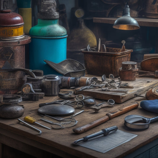 A cluttered workbench with a variety of second-hand tools scattered about, some with rust or broken handles, next to a magnifying glass, safety goggles, and a checklist on a clipboard.