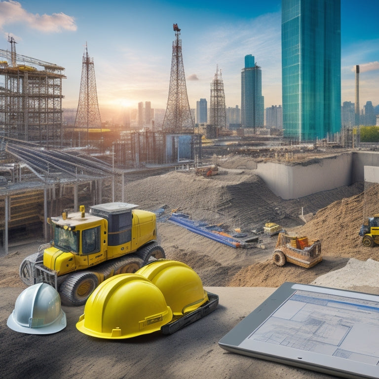 A serene, well-organized construction site with a tablet displaying a 3D floor plan, surrounded by rolled-up blueprints, a hard hat, and a few scattered tools, set against a blurred cityscape background.