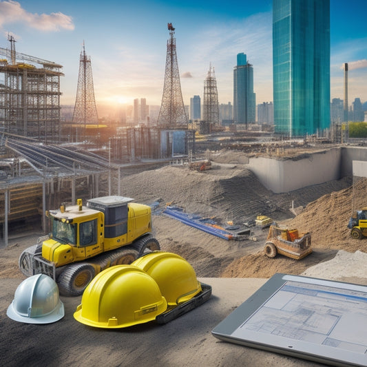 A serene, well-organized construction site with a tablet displaying a 3D floor plan, surrounded by rolled-up blueprints, a hard hat, and a few scattered tools, set against a blurred cityscape background.