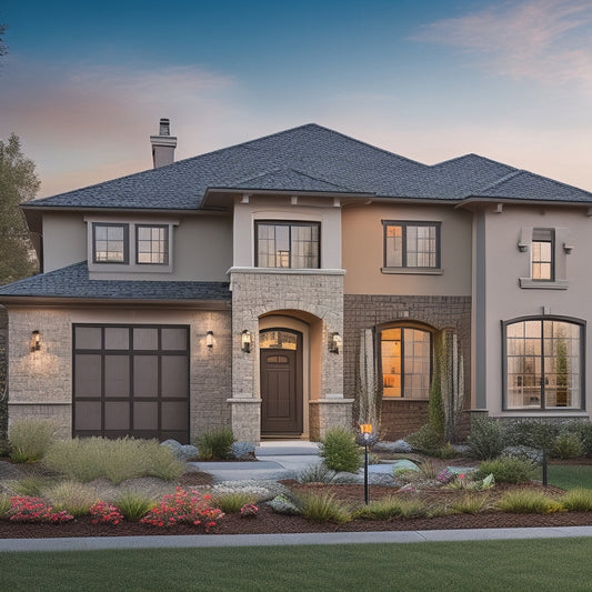 An illustration of a suburban home with stucco exterior, partially finished with varying textures and colors, showcasing different application methods, with a subtle cityscape in the background.