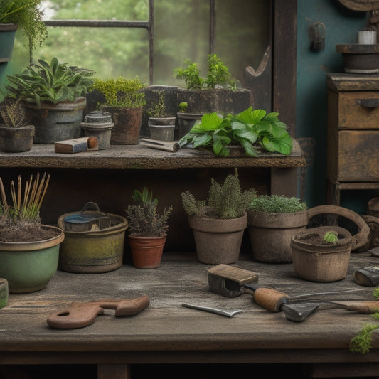 A cluttered, rustic workbench with scattered upcycled planters, surrounded by scattered tools like wire cutters, sandpaper, and paintbrushes, with a small potted succulent in the center, awaiting renovation.