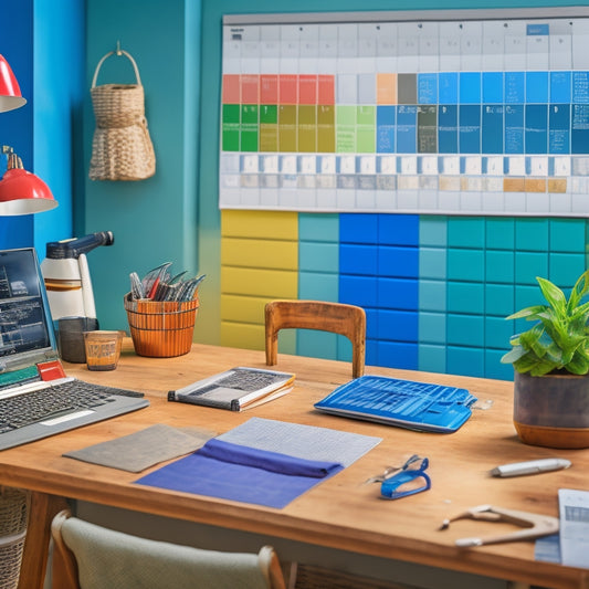A clutter-free workshop with a large, wall-mounted calendar displaying a color-coded renovation schedule, surrounded by organized toolboxes, a laptop, and a cup of coffee, amidst a subtle background of blueprints.